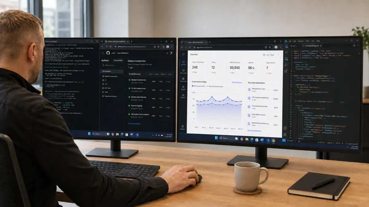 Developer at two monitors with a SaaS dashboard, TypeScript code and a GitHub Actions pipeline