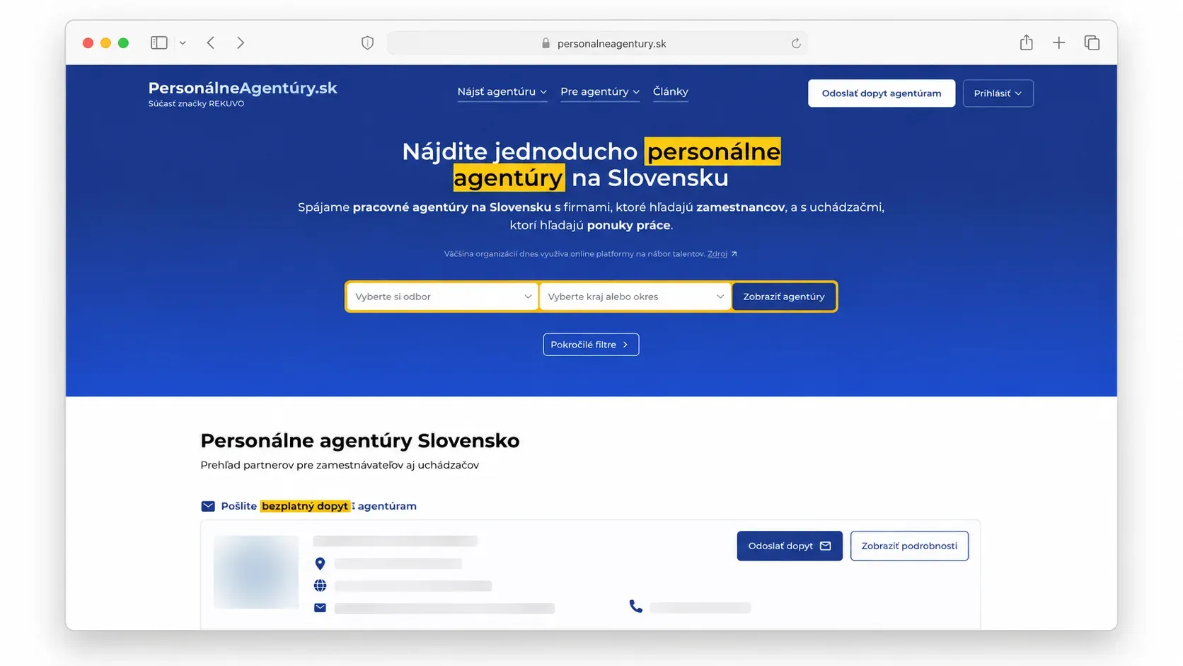 PersonalneAgentury.sk — main platform view